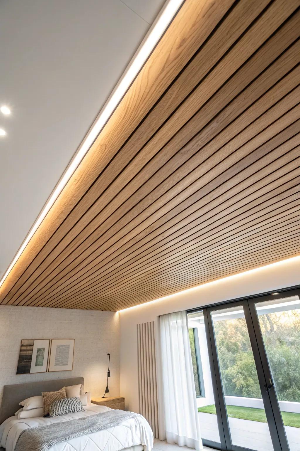 Backlit wood slat ceiling panel: a soft, diffused glow that turns lighting into architecture.