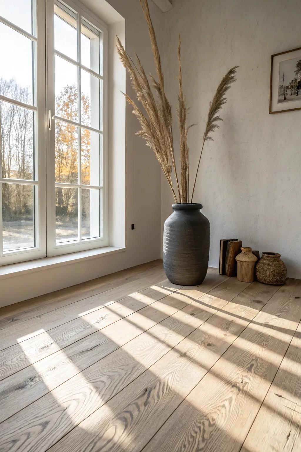 Mixed-width oak planks bring subtle drama—keep styling simple and let the floor steal the show.
