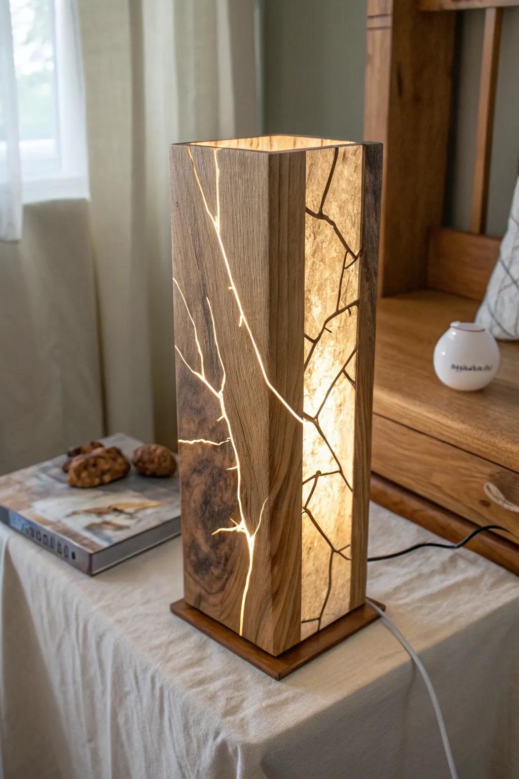 Cracked walnut “river” lamp with clear resin—like lightning trapped in warm, glowing timber.