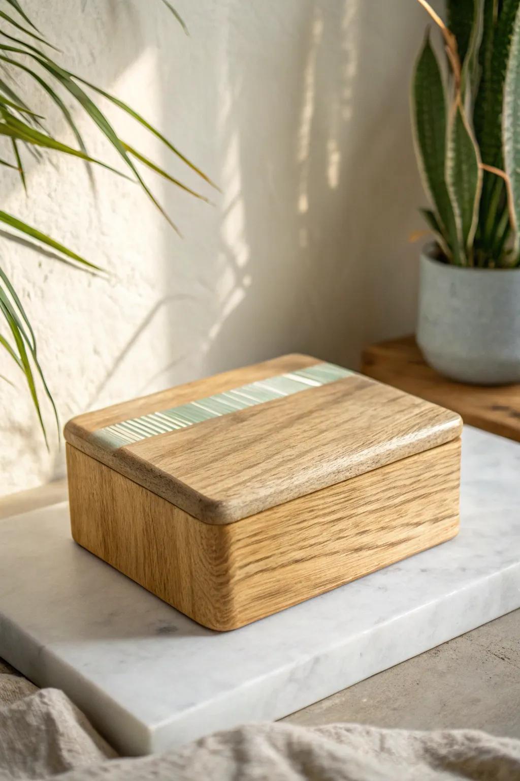 A minimalist wood riser with a muted resin inlay—modern rustic sparkle with clean lines.