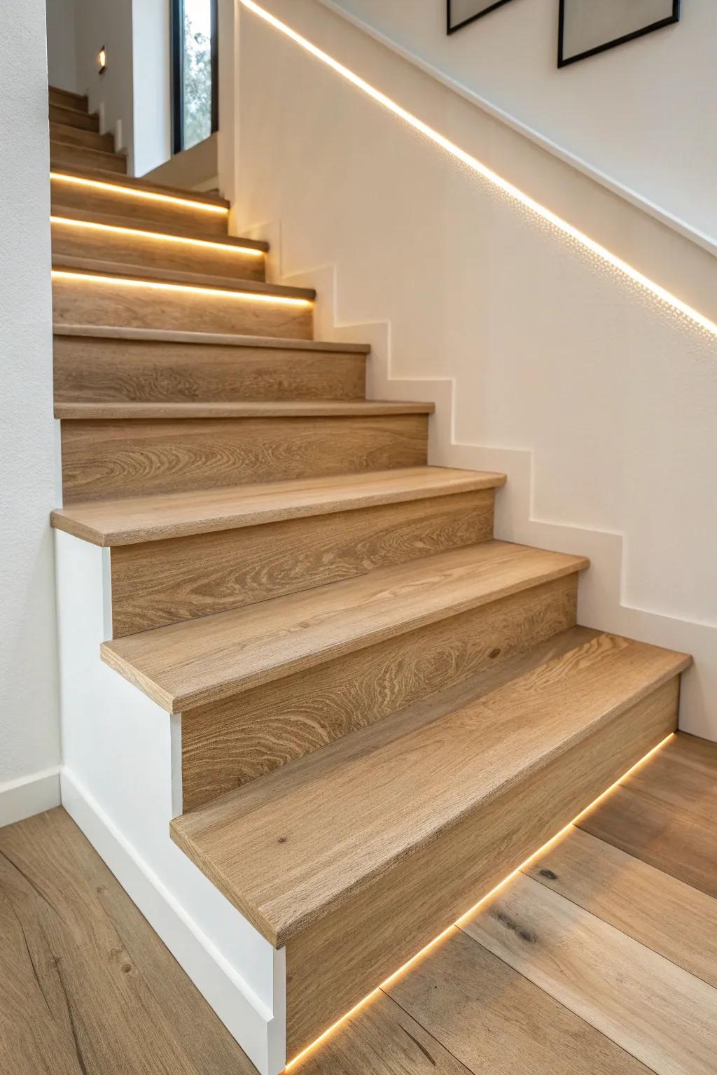 Warm LEDs under the tread nosing turn a simple wood stair into a safe, luxe night glow.