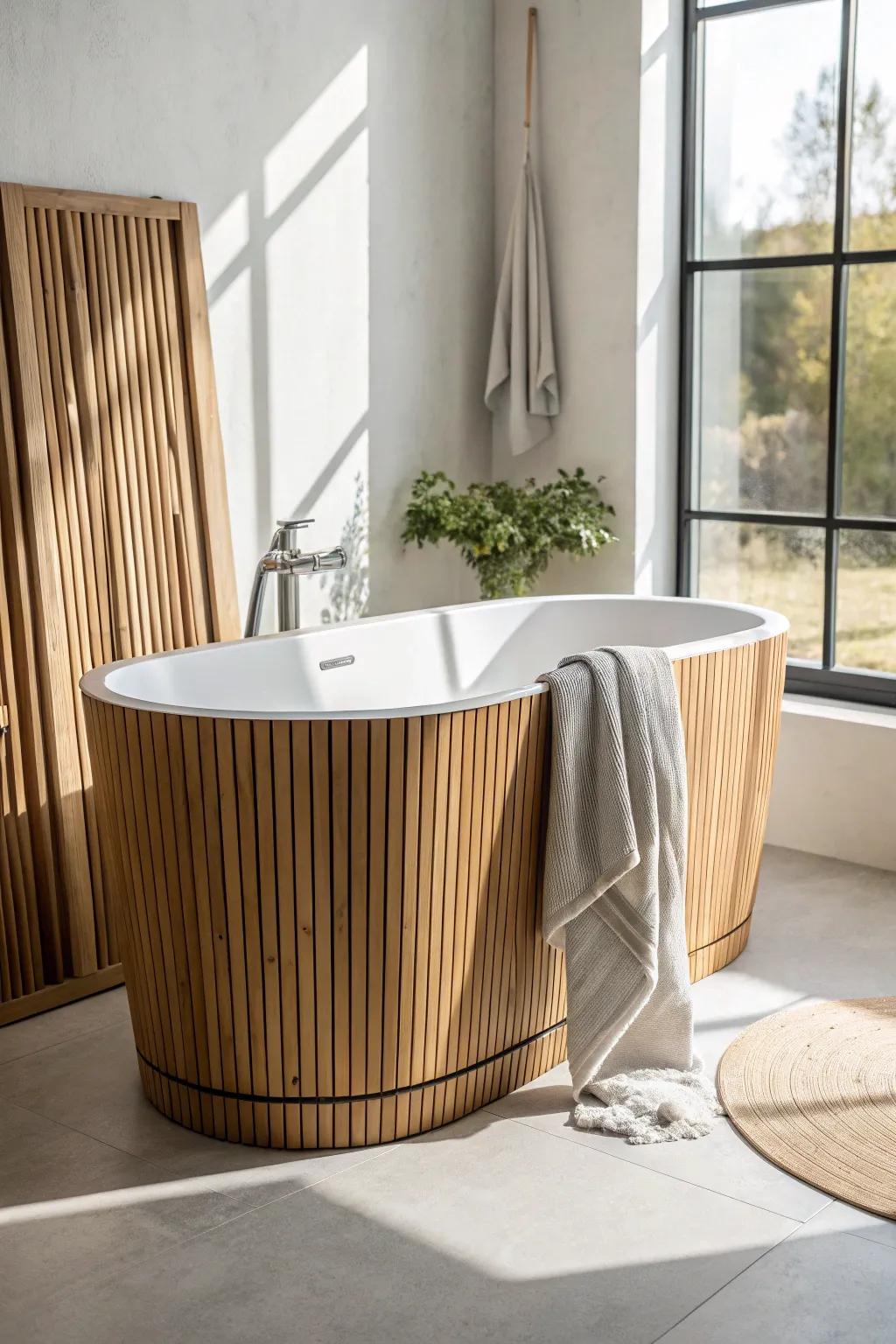 Zen bamboo panel tub surround—minimal lines, warm grain, and a calm Scandinavian spa feel.