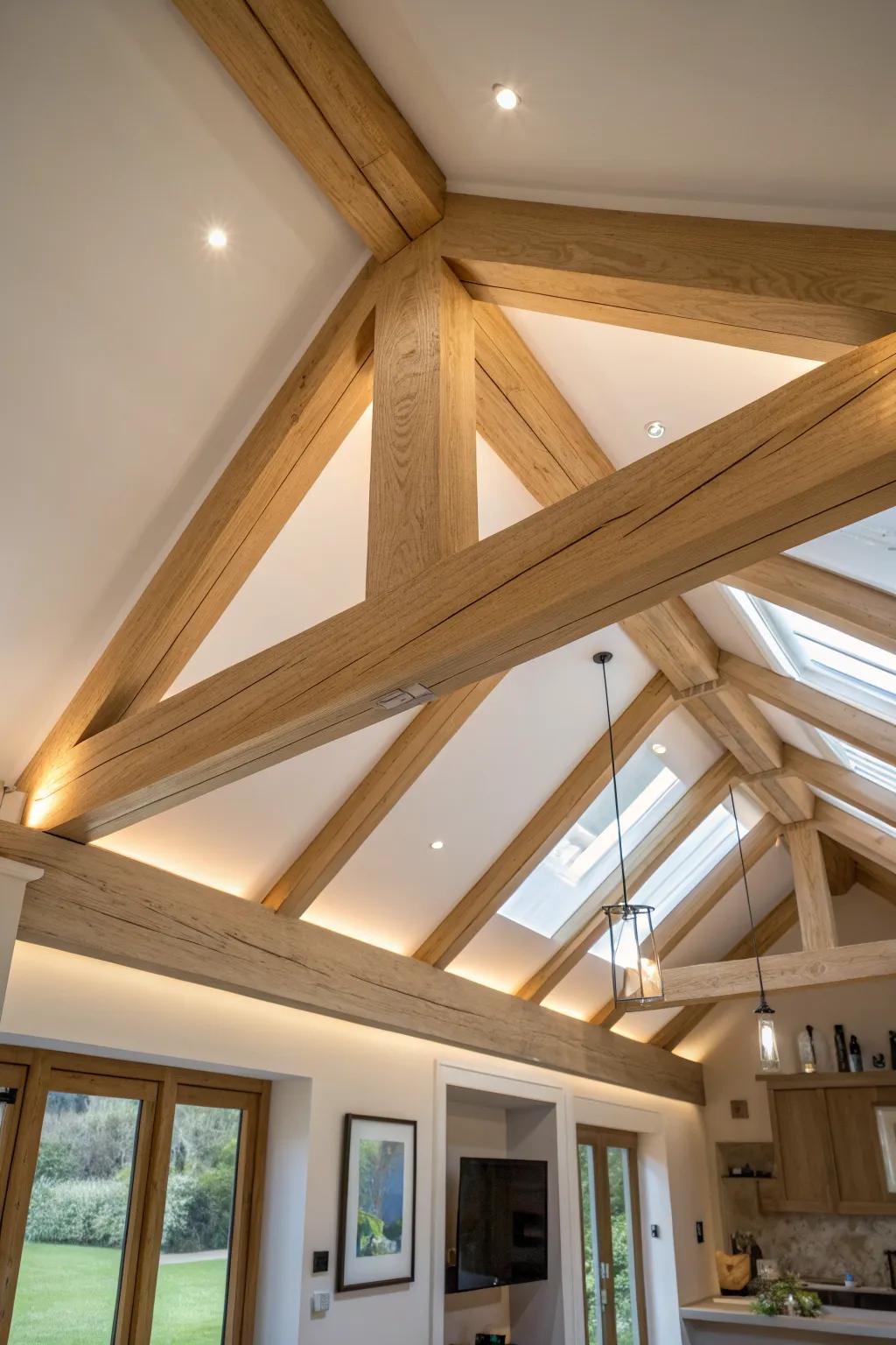 A slim resin “river” inlay turns the vaulted ceiling ridge beam into a quiet custom showpiece.