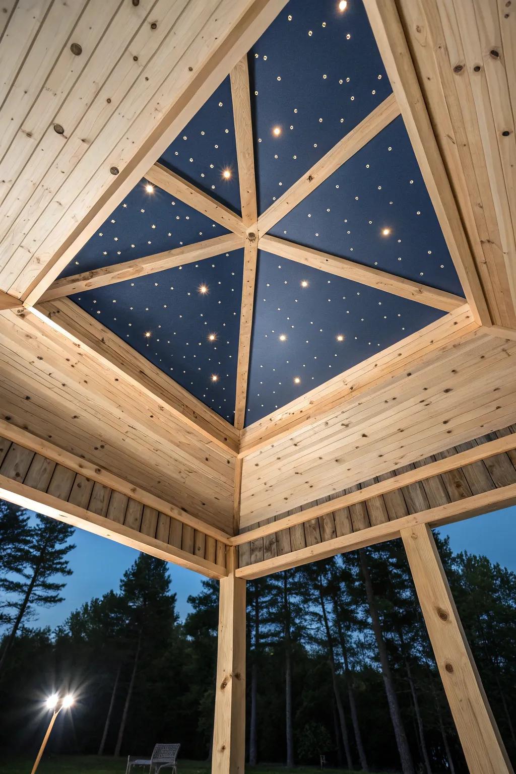A starry night-sky roof underlay that turns a wooden clubhouse deck into a dusk-time lookout.