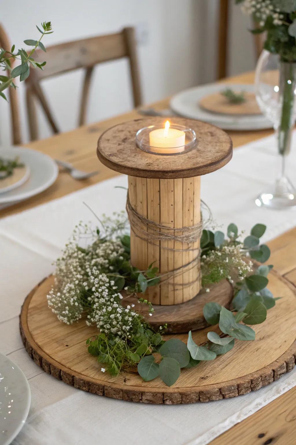 A wooden spool centerpiece that glows from within—warm lights and greenery in a frosted core.