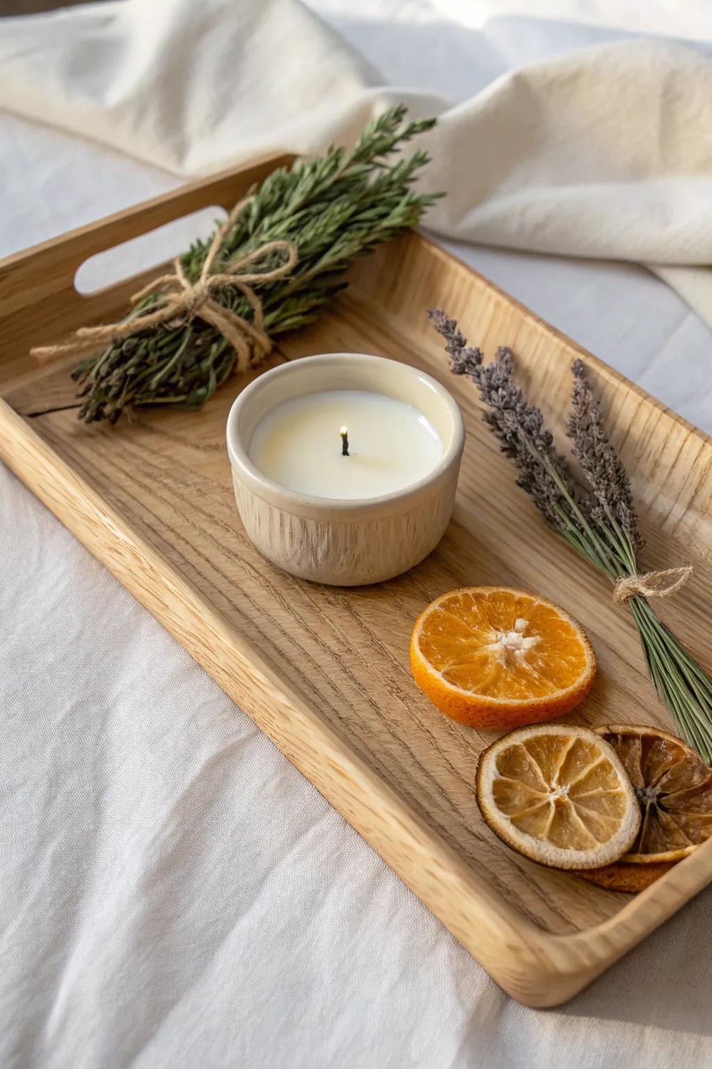 A simple wooden tray scent bar: candlelight, dried citrus, and herbs for natural fragrance.