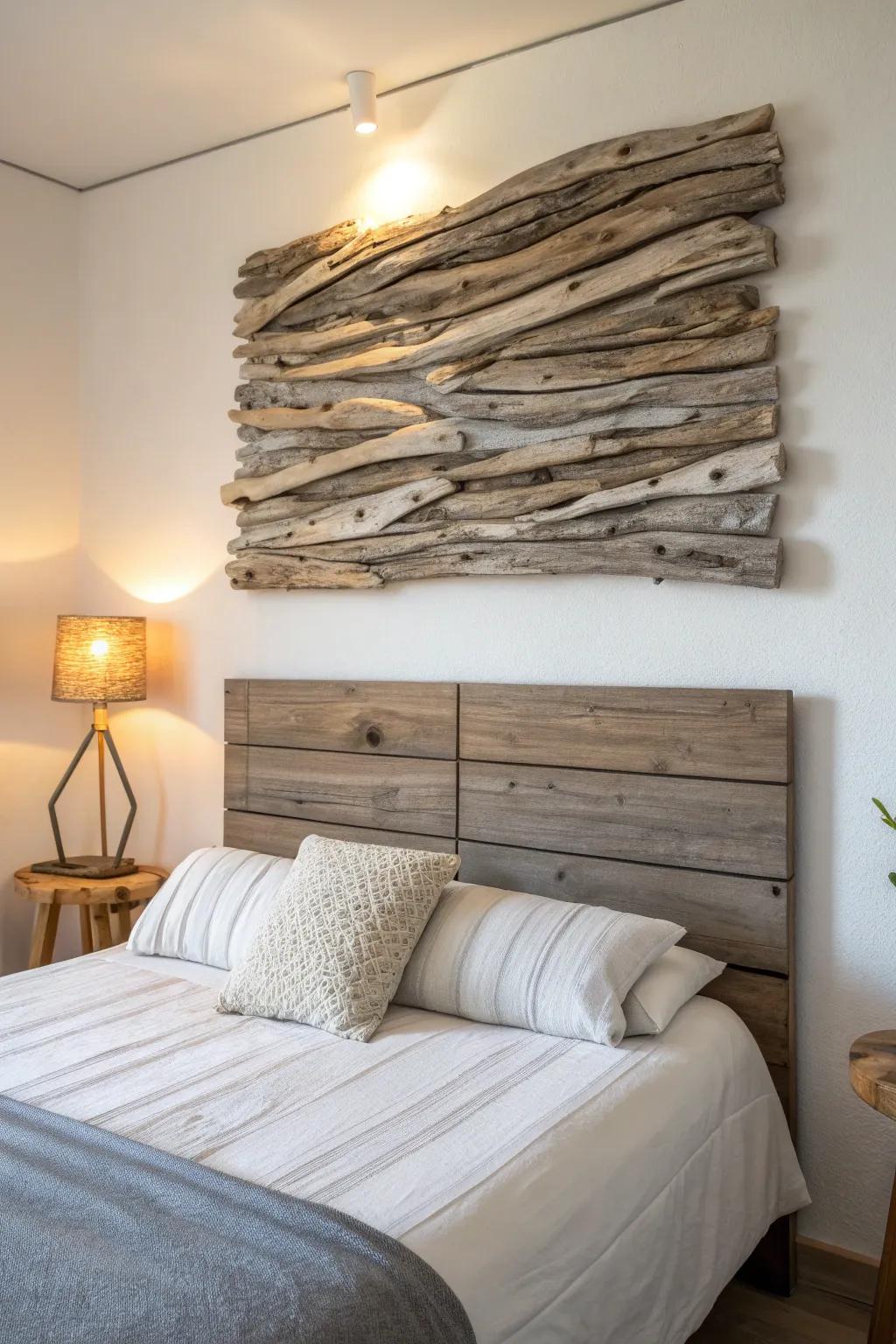 Driftwood wall sculpture above the bed—minimal, warm, and perfectly woodsy with dreamy shadows.