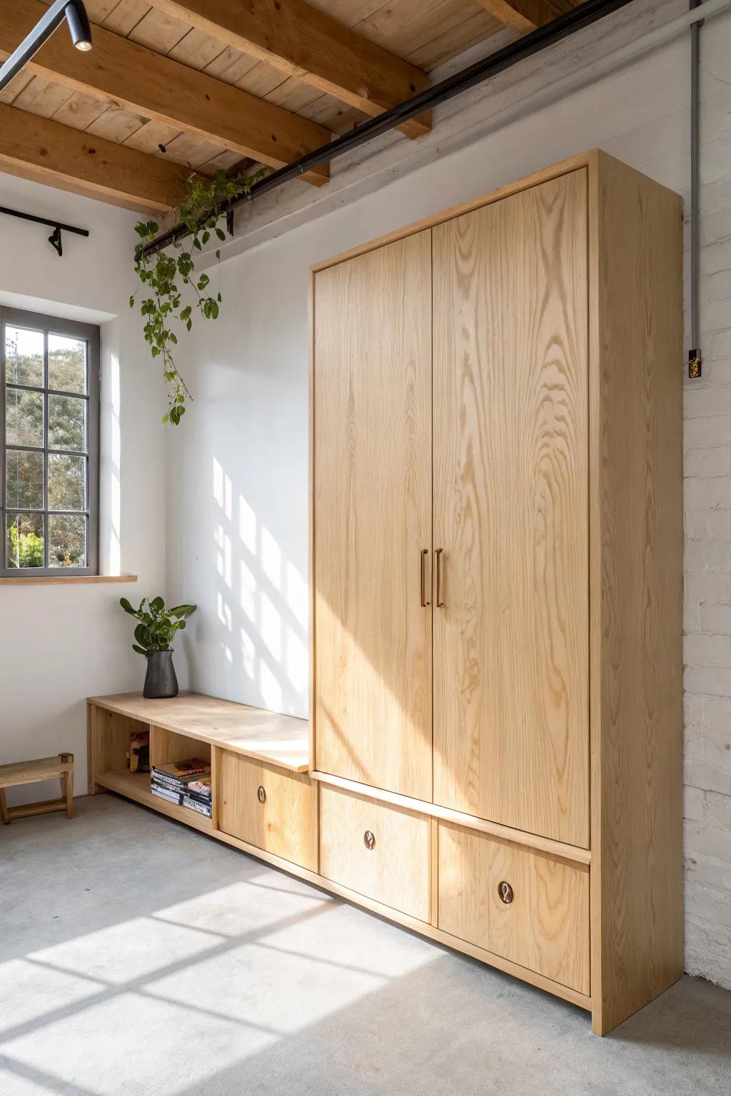 Small-space workshop magic: a fold-down bench hidden behind a clean oak sliding panel.