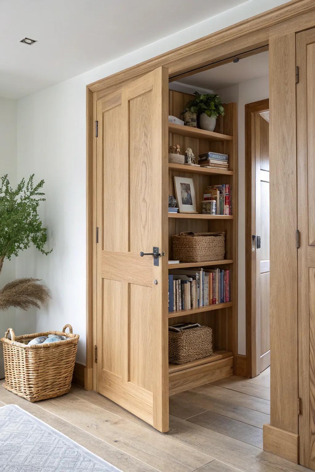 A secret bookcase door in warm oak—your hidden writing room entrance with wow-factor.