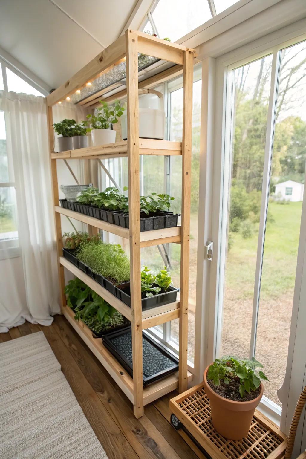 A slim sun wall greenhouse: bright maple shelves, bold greens, and tiny-house glow all year.