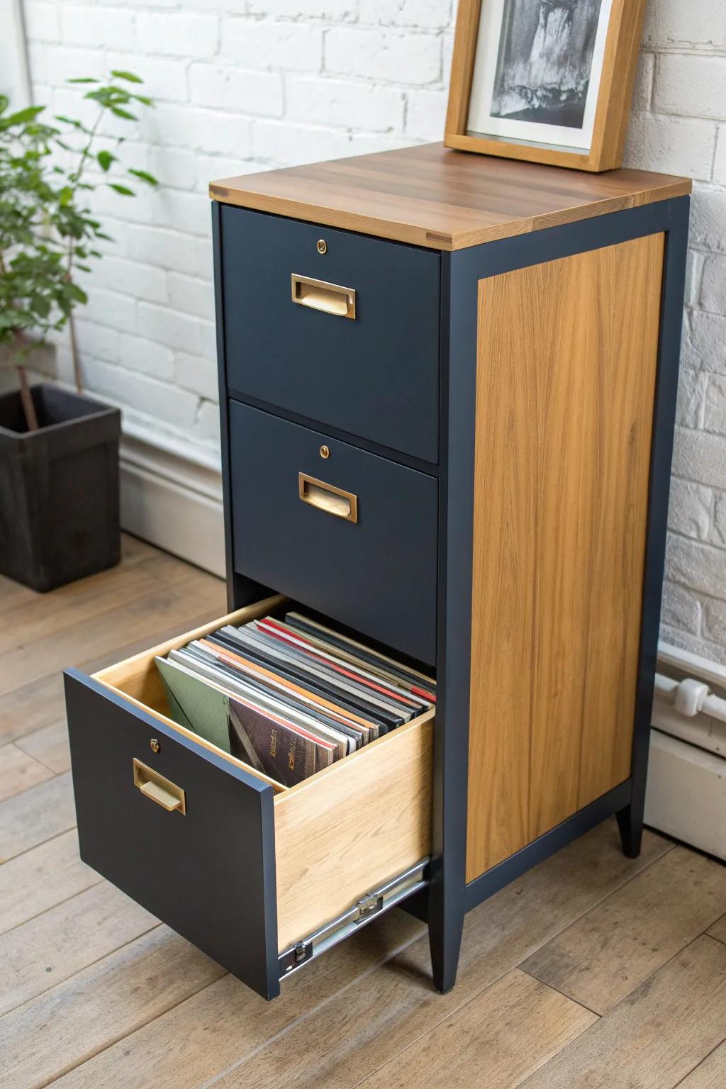 Upcycled filing cabinet with an oak top—sleek, space-smart storage for 45s and LPs.