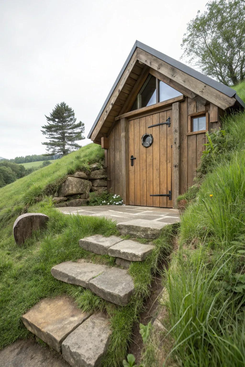 A secret hillside root-cellar door—warm timber, stone steps, and hidden A-frame charm.