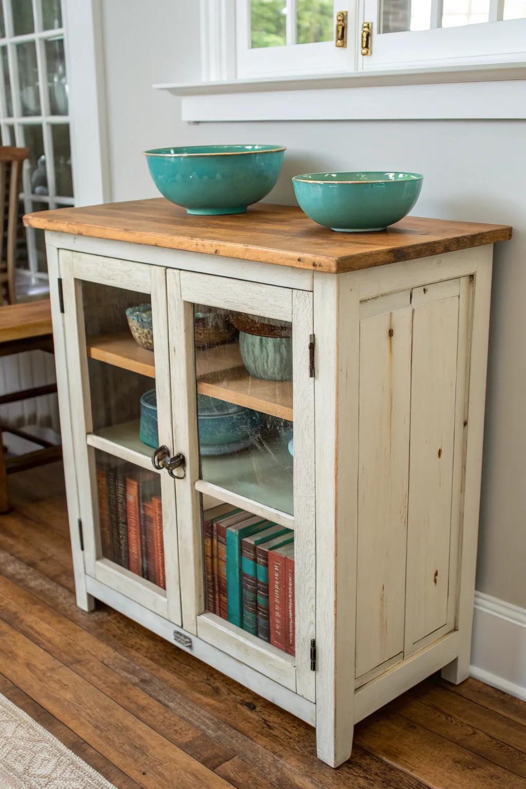 Antique glass-front curio island with a solid wood top—pretty storage on full display.