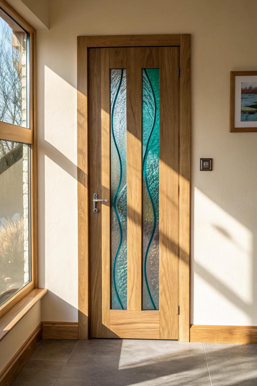 A sculptural oak door with a glossy resin color-river inlay—modern art for your art room.
