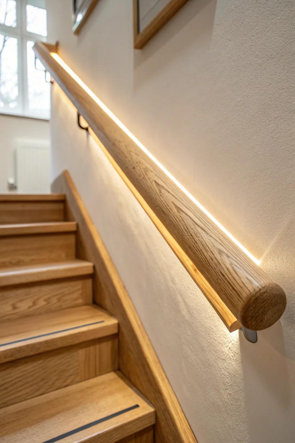 Hidden LED under a routed oak handrail adds cozy attic glow and safer late-night stair trips.