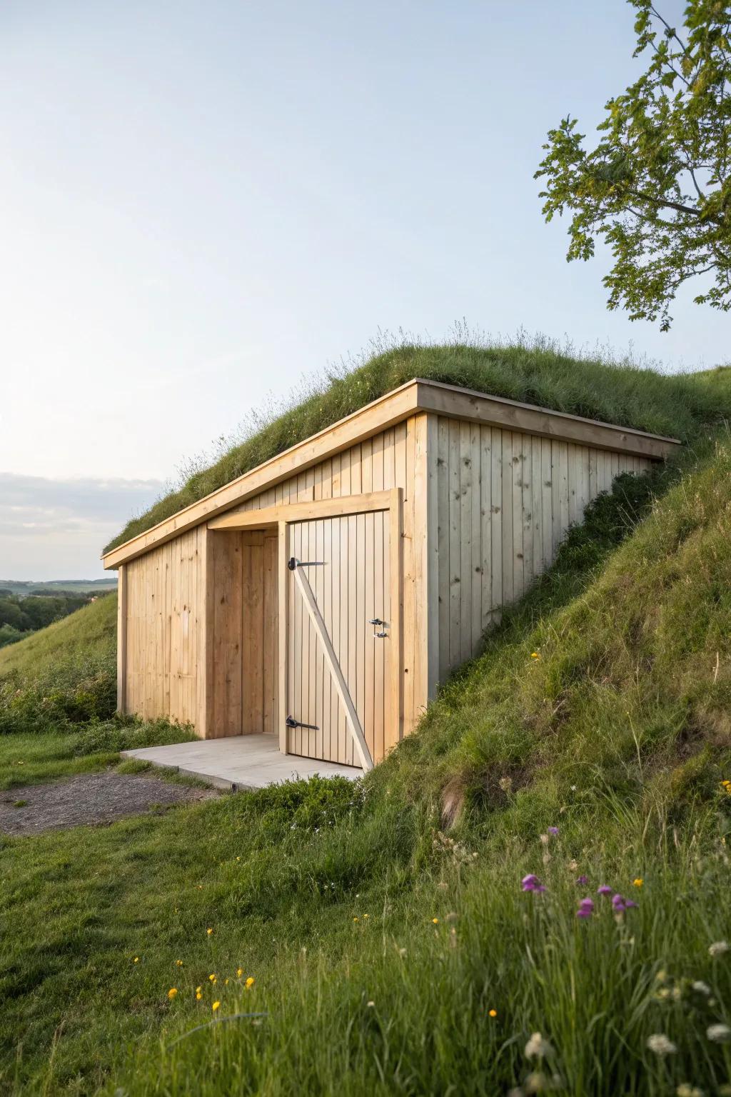 Earth-bermed hillside ATV shed with a bright, wide entry—cool inside, welcoming outside.