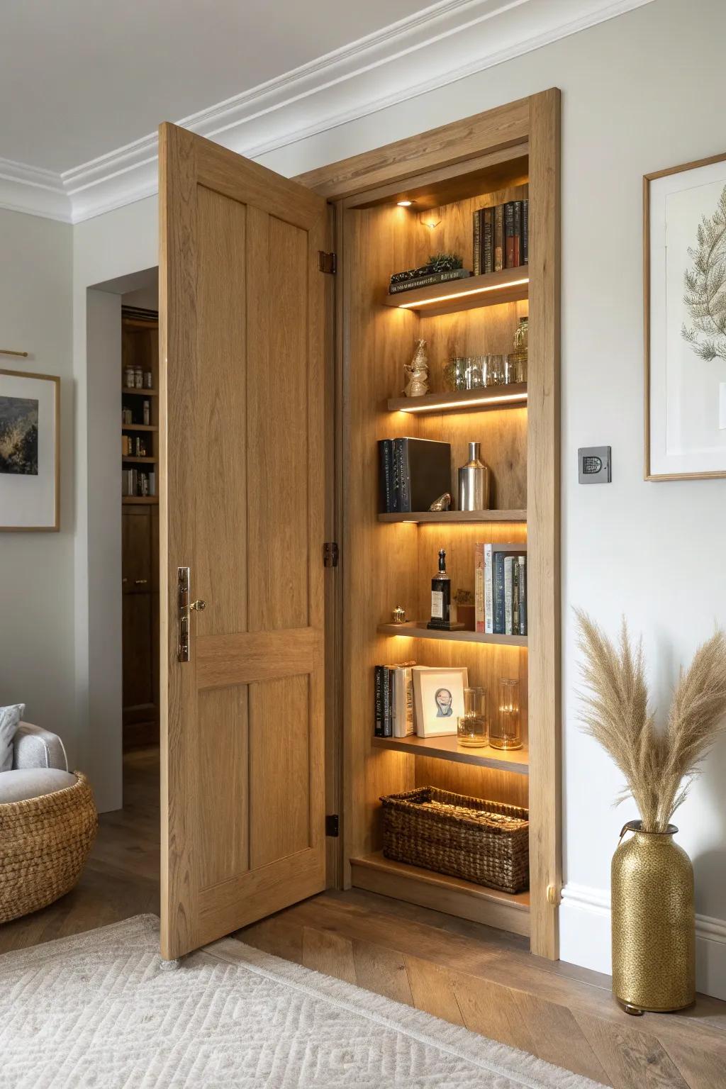 A secret oak bookshelf door—crack it open and the hidden bar lounge glow steals the show.