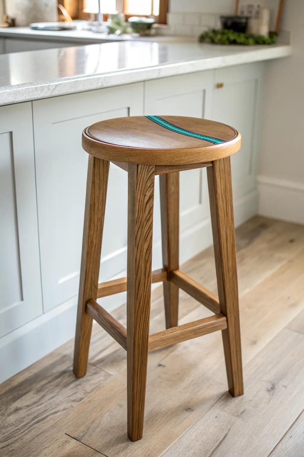 Light oak bar stool with a teal resin inlay—modern, artsy contrast for a crisp white kitchen.