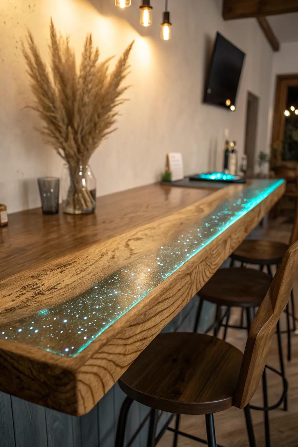 Glow-pigment epoxy bar top covering—daytime sleek, nighttime dreamy with a subtle afterglow.