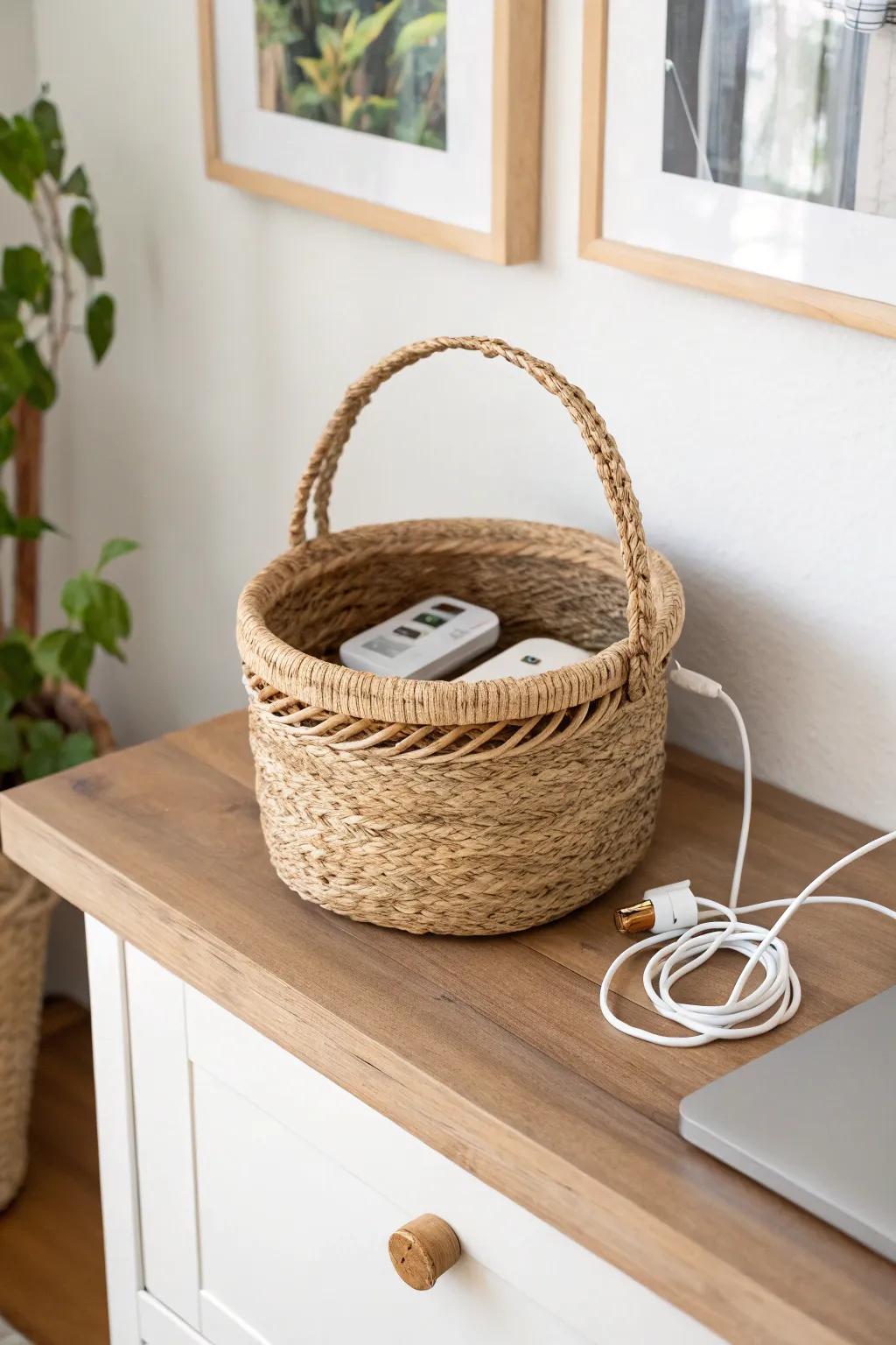 Hide power strips in a woven shelf basket—clean Scandinavian style with a clever cord hole.