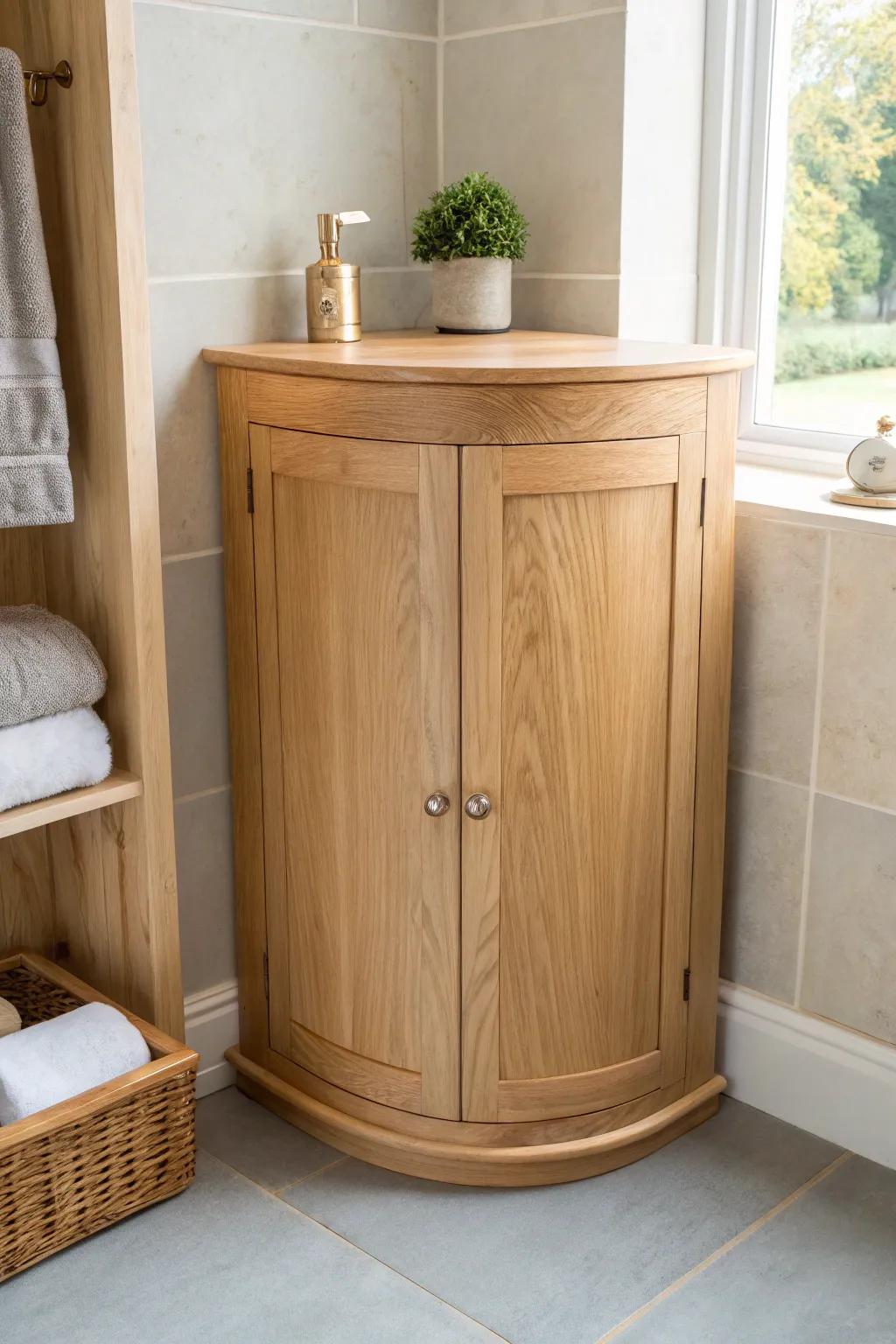 Curved corner cabinet with bent lamination—soft, space-saving, and seriously beautiful.