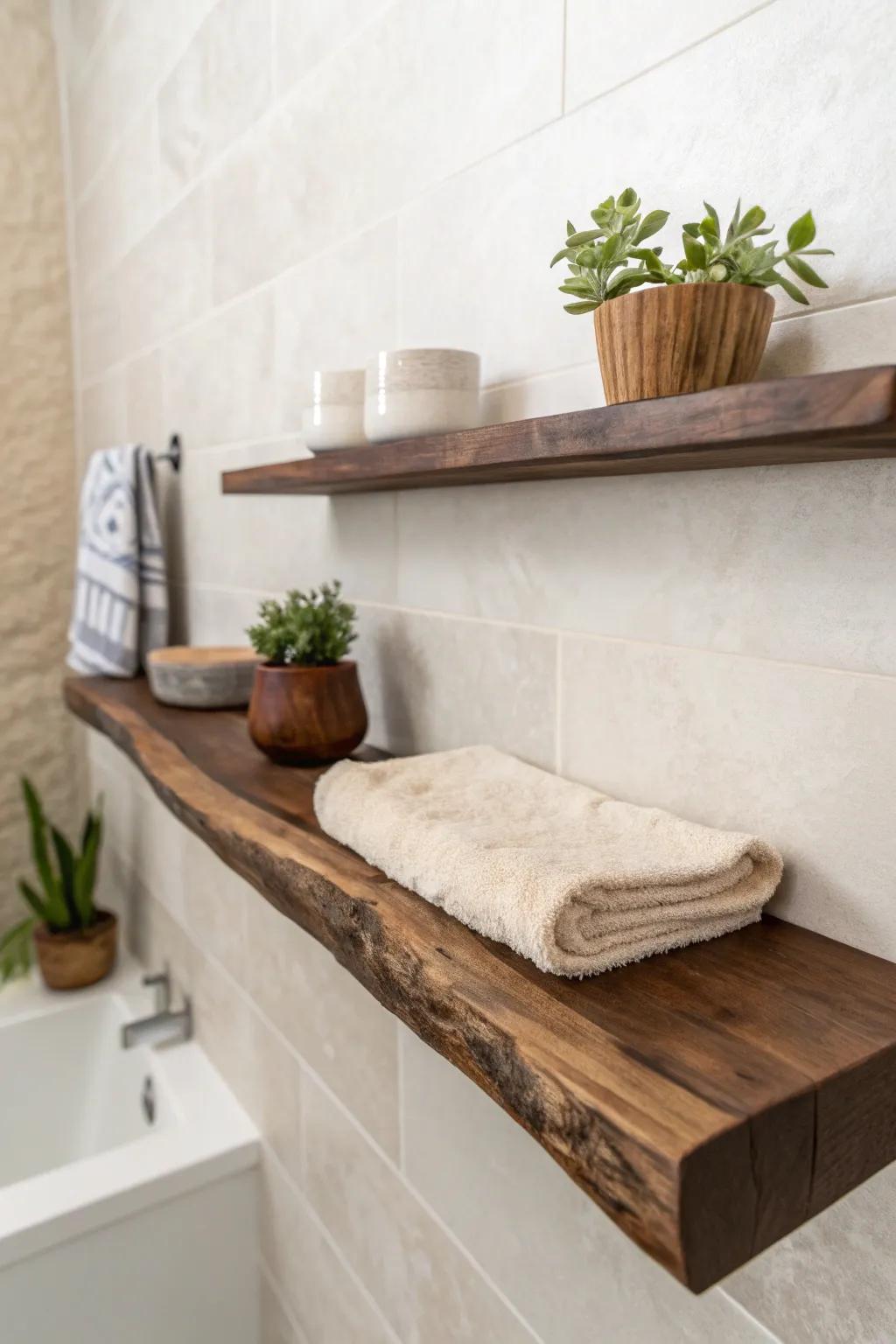Live-edge floating shelf for a spa-like bathroom—minimal styling, bold contrast, pure calm.