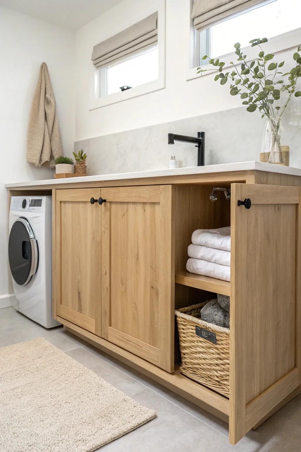 A sleek oak island with a hidden pull-out sorter keeps bathroom laundry beautifully out of sight.