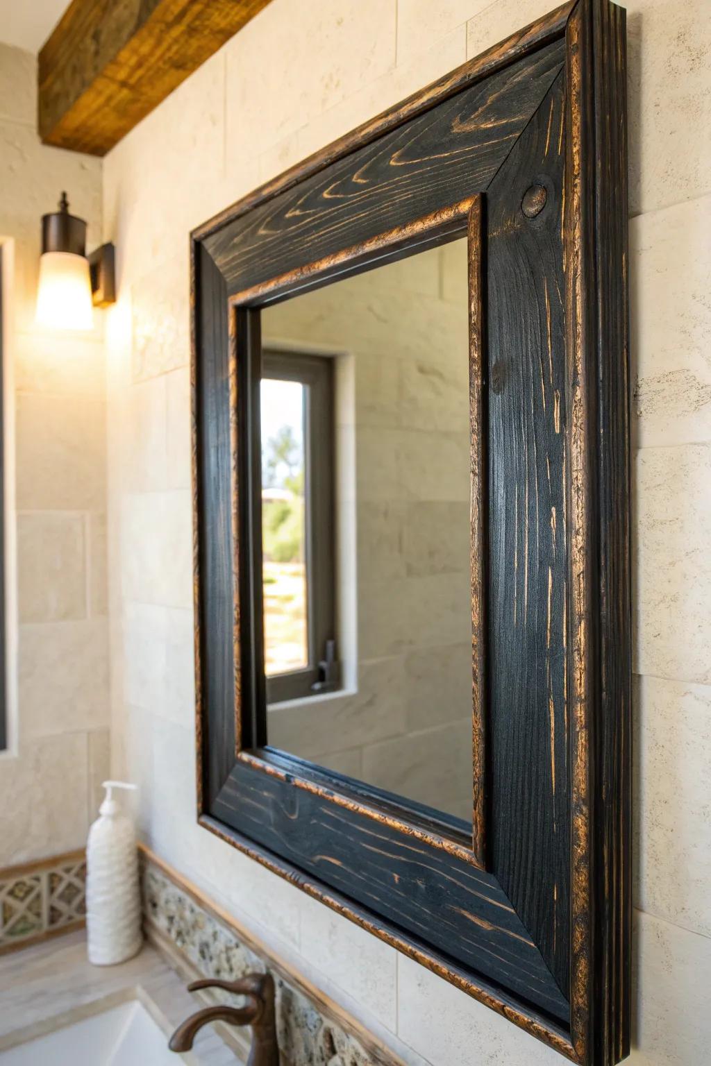 Moody shou sugi ban mirror frame—sealed, textured, and strikingly minimalist.