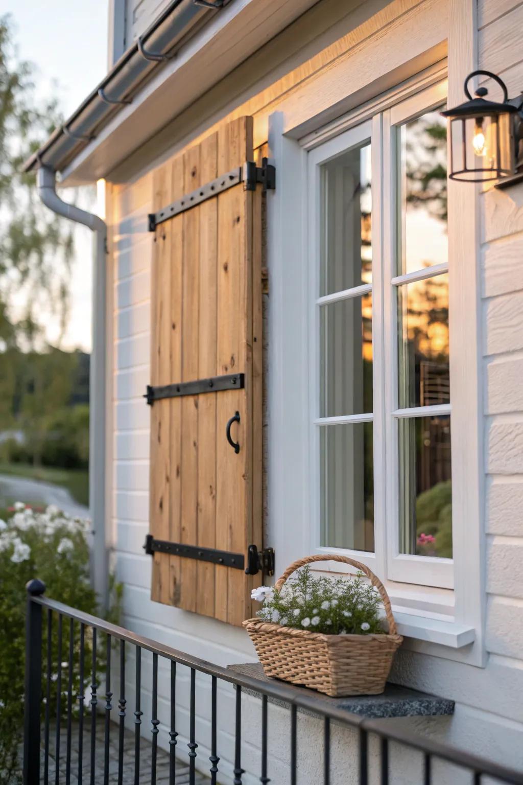 Oak shutters with sleek black metal insets—modern contrast that makes a bay window pop.