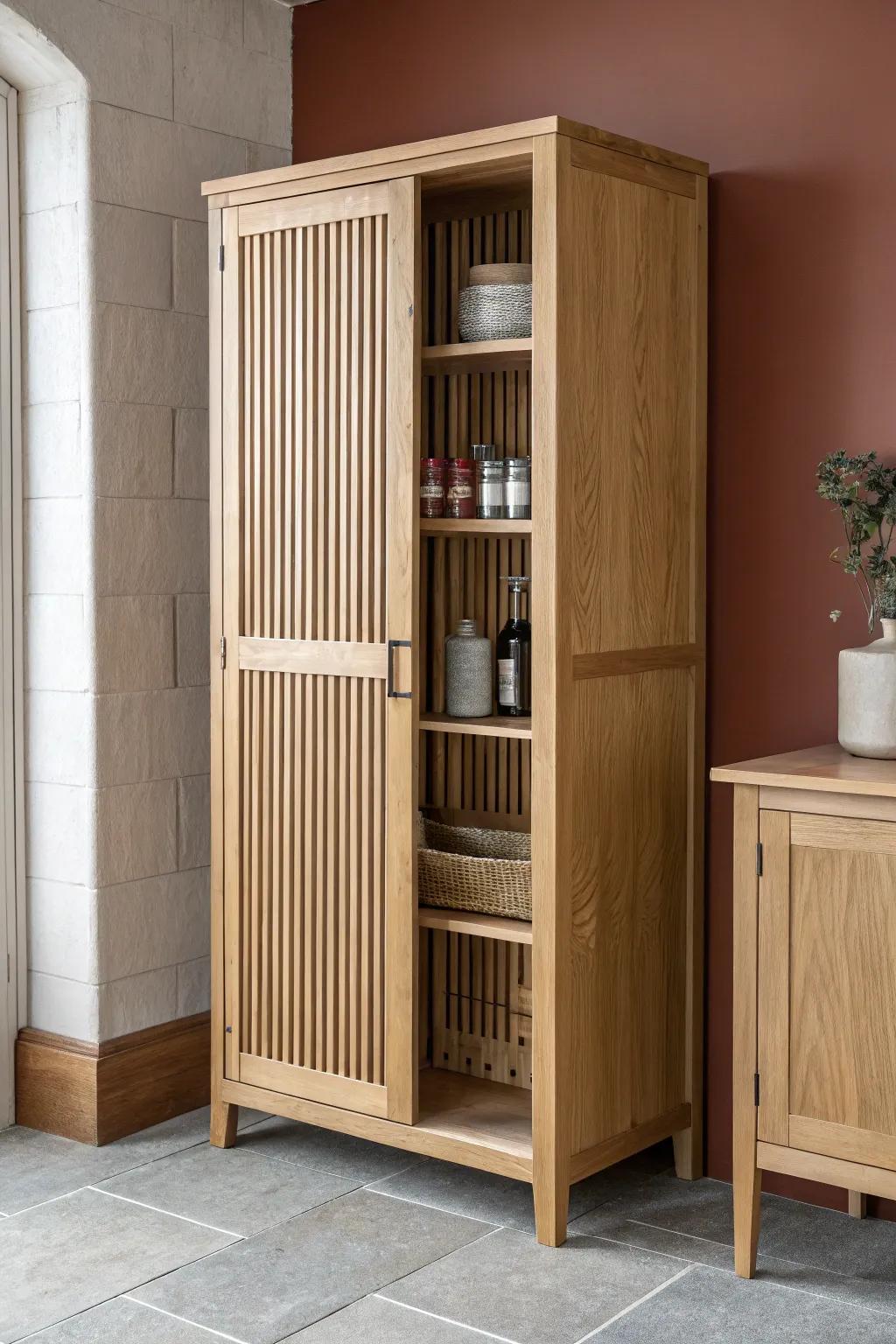 Slatted wood + brass mesh pantry door: airy, textured, and instantly elevates any kitchen.