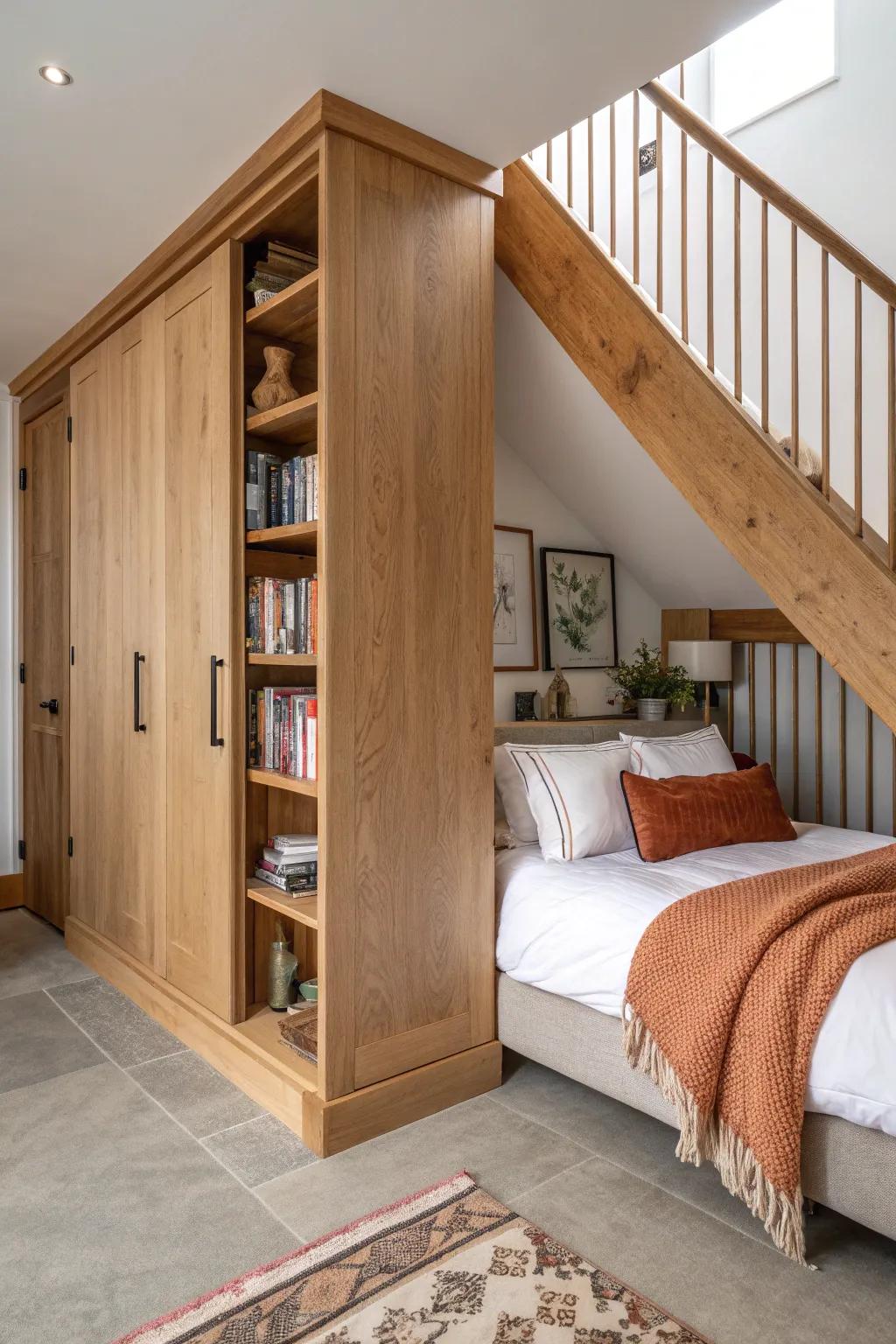 A pivoting oak bookcase door reveals a hidden under-stairs sleep pod—secret, cozy, and chic.
