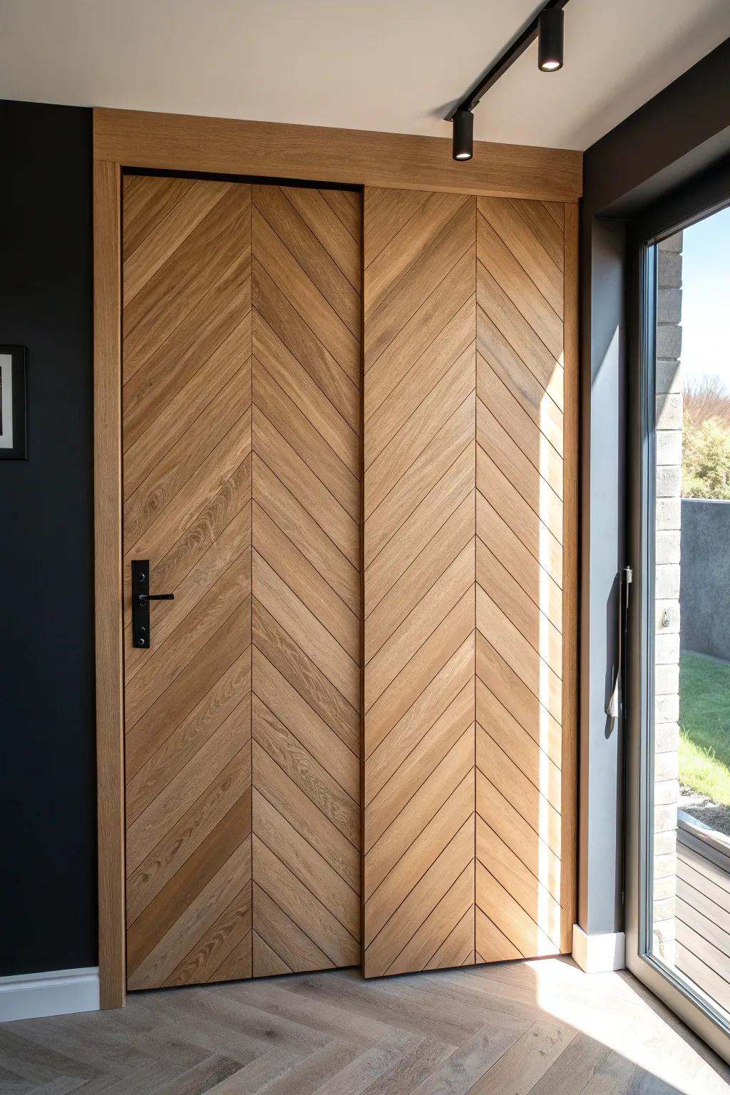 Chevron slat closet door in warm oak—clean Scandinavian lines with bold, shadowy contrast.