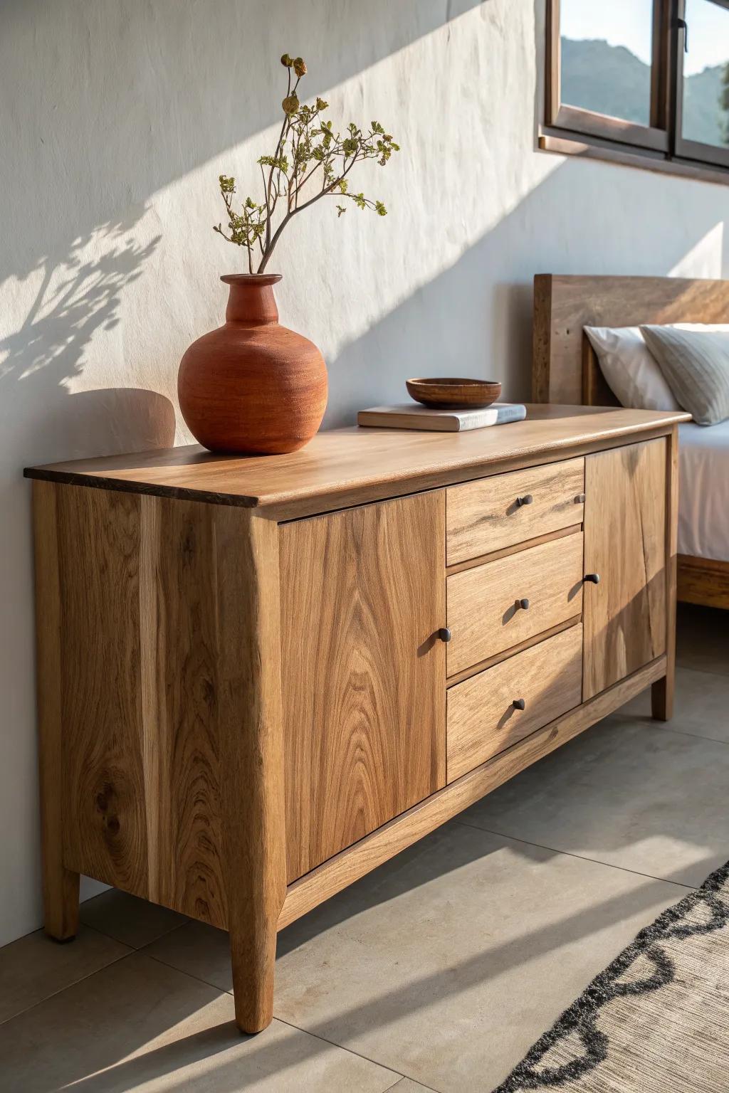 A live-edge walnut top turns a simple bedroom sideboard into an instant showpiece.