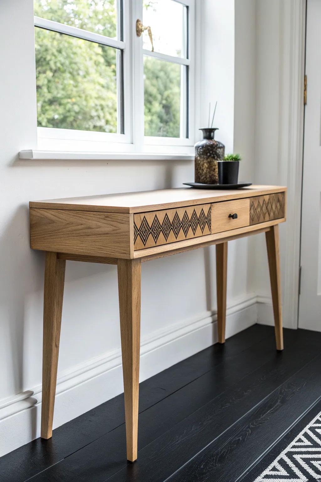 Subtle geometric wood inlay adds warmth and craftsmanship to crisp black-and-white interiors.