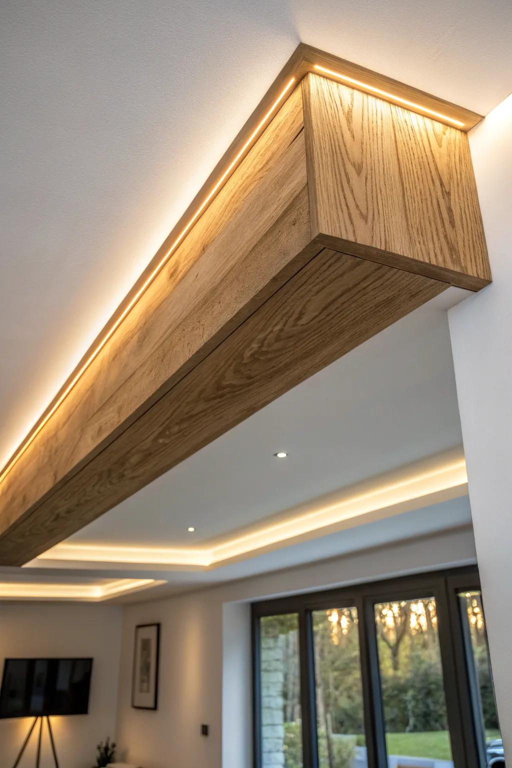 Backlit oak box beam with a warm halo glow—floating ceiling detail with high-end minimal style.