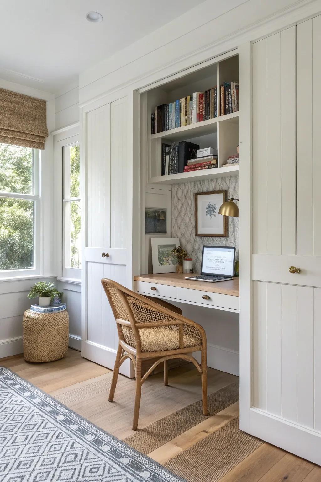 A hidden corner desk: swing-open wainscoting panel reveals a cozy work nook in seconds.