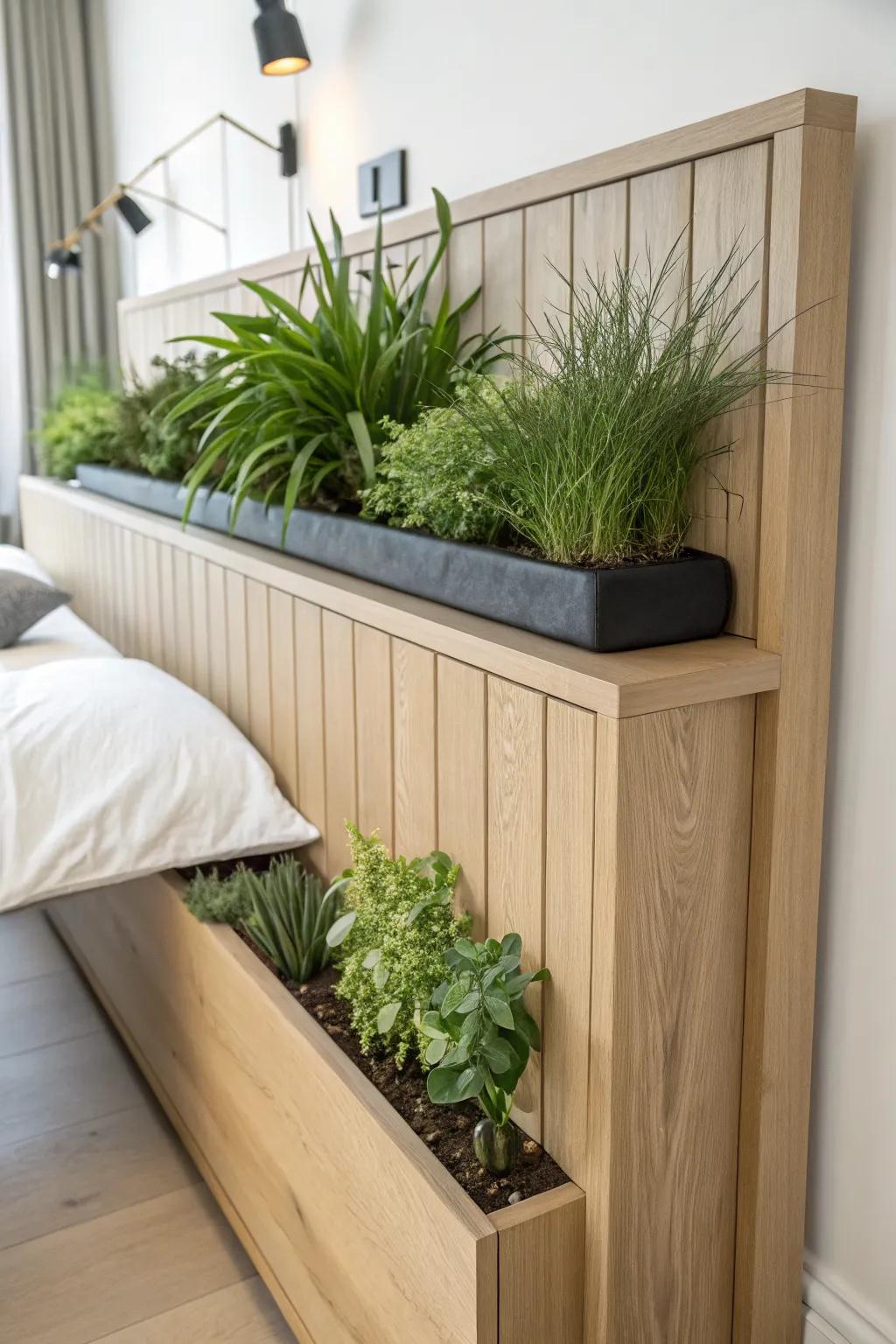 Built-in oak headboard with lined planter ledge—lush trailing greens, no water worries.