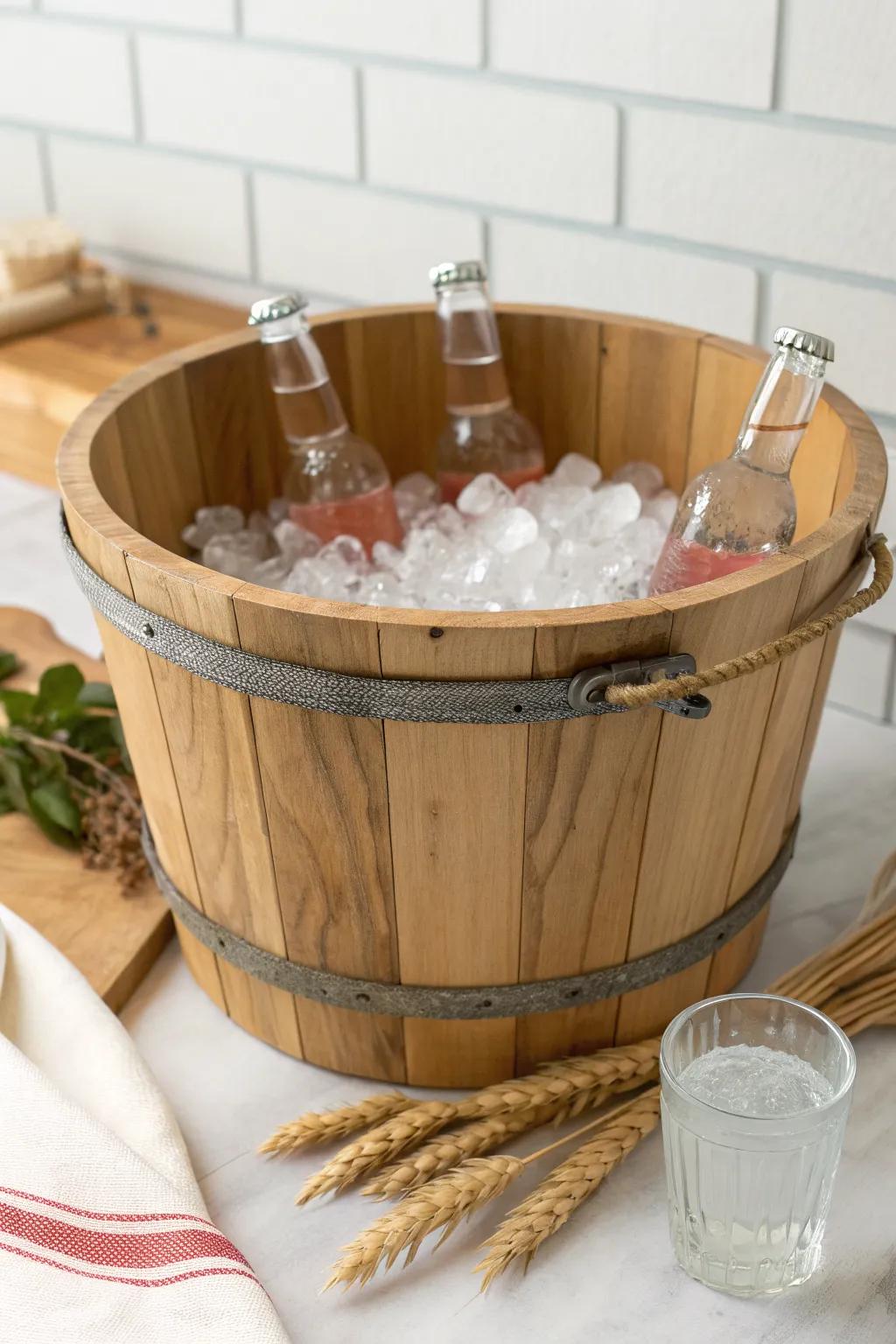 Rustic bushel basket, modern ice bucket—an effortless backyard drink station with Scandinavian charm.