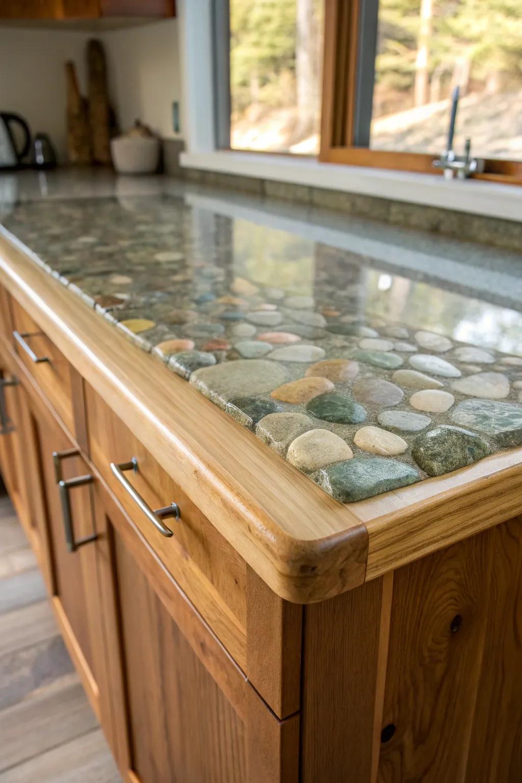 A glassy “streambed” countertop—river stones sealed under a clear layer for cabin drama.