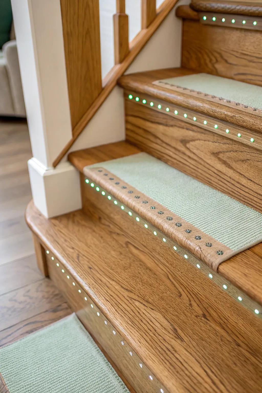 Magical and safe: subtle glow-in-the-dark inlay markers for cozy cabin stair treads.
