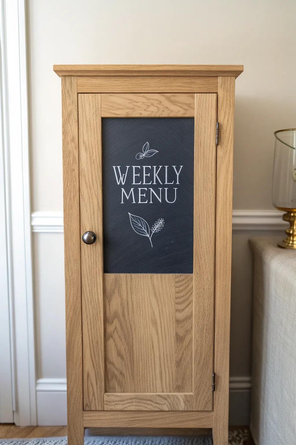 Light oak cabinet door with a sleek chalkboard inset—pretty, practical, and menu-ready.