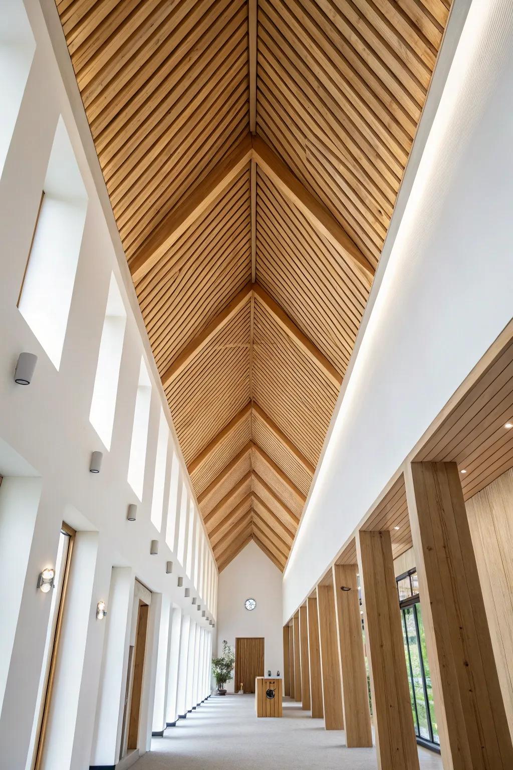 Ceiling ribs that fan out—turning a height change into a crafted, upward pathway.