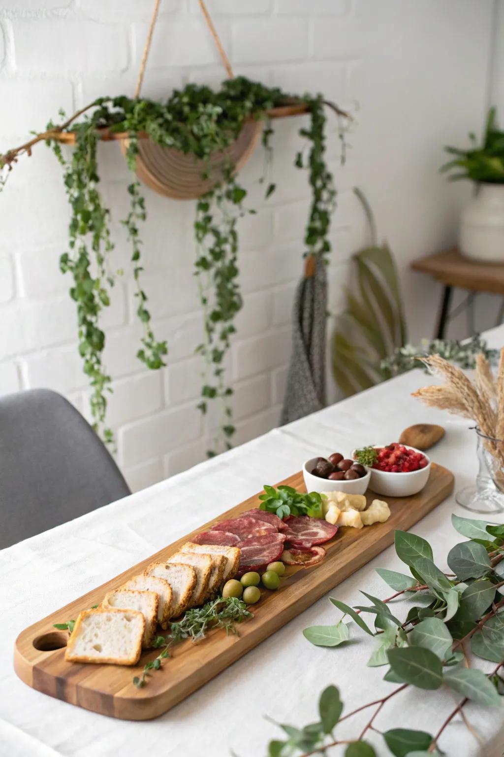 A dramatic greenery canopy transforms a simple charcuterie runner into a table experience.