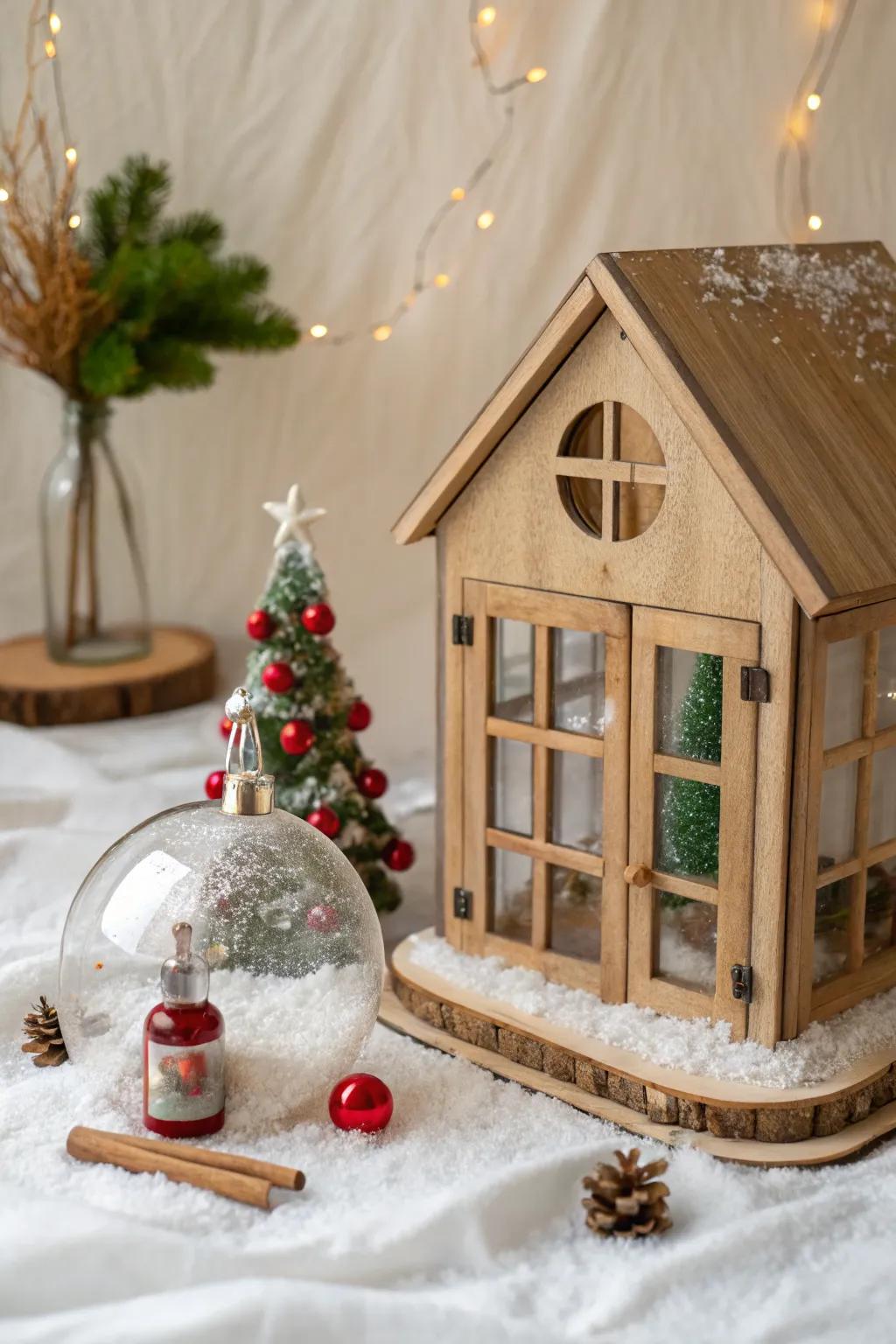 Turn a dollhouse room into a snow globe—clear panels, tiny tree, and dreamy faux snow.
