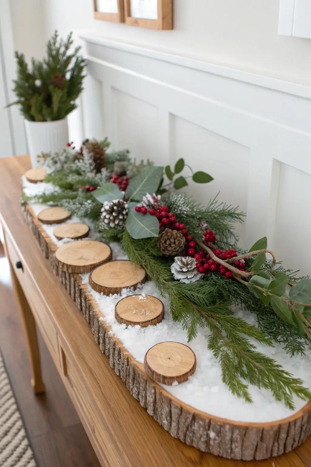 Sliced wood rounds dusted with snow and greenery create a chic Scandi‑Boho entry table path.