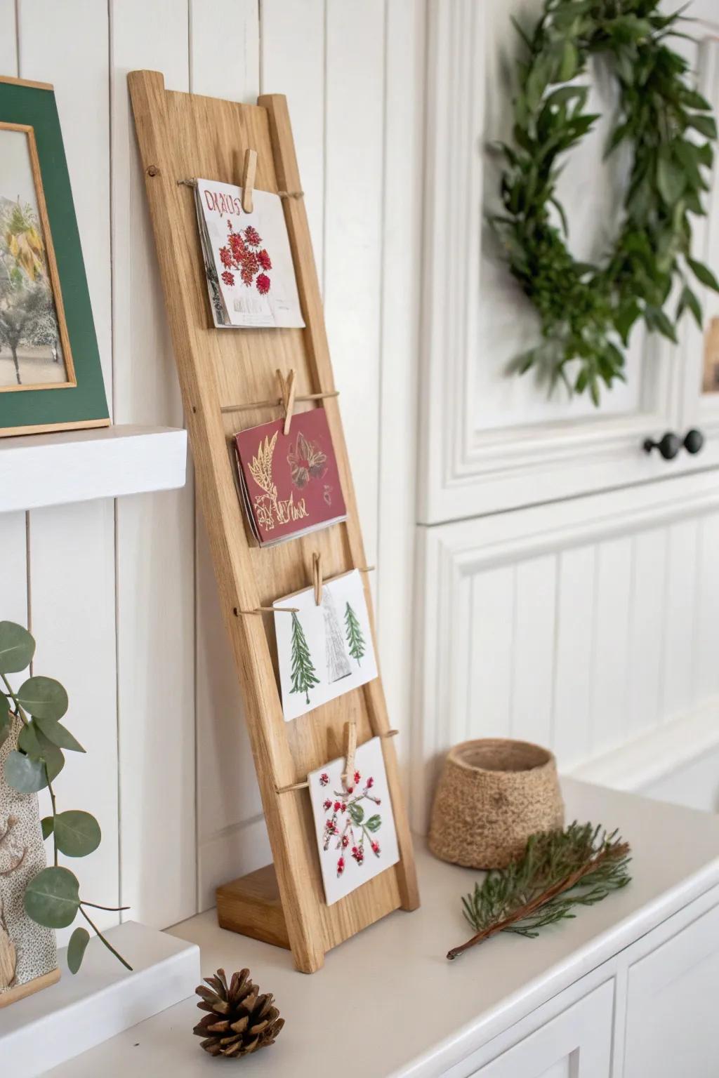 Vintage wood clamps turn Christmas cards into a chic, no-tape hutch display.