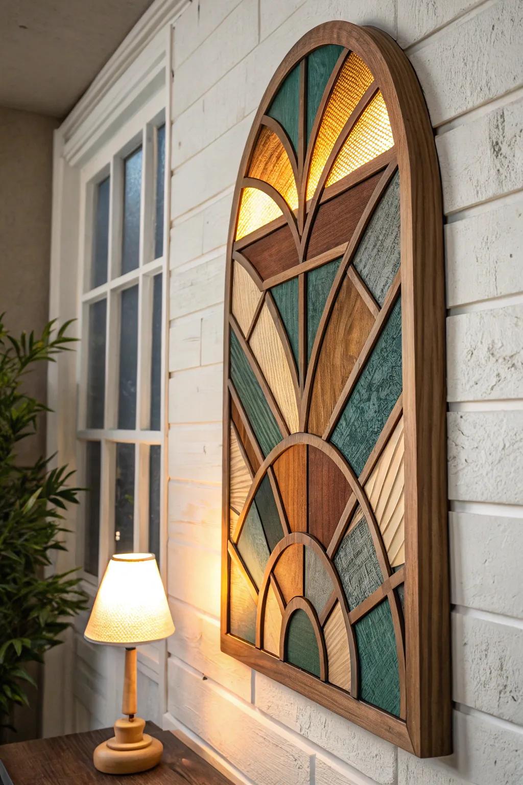 Handcrafted backlit wood “stained-glass” panel brings a warm, reverent glow to the coffee bar.