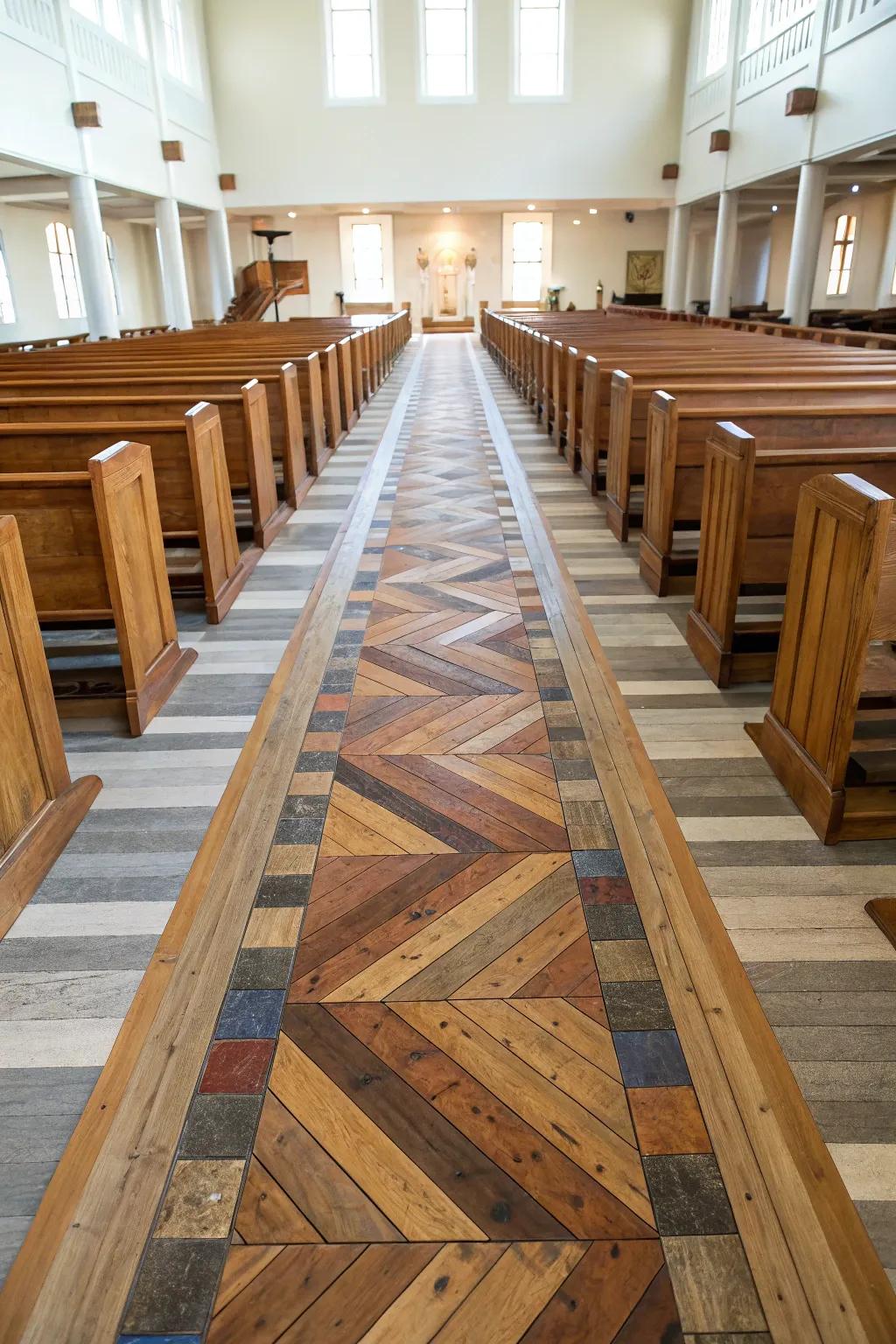 Reclaimed pew-wood patchwork aisle—sealed to glow, carrying sanctuary stories underfoot.