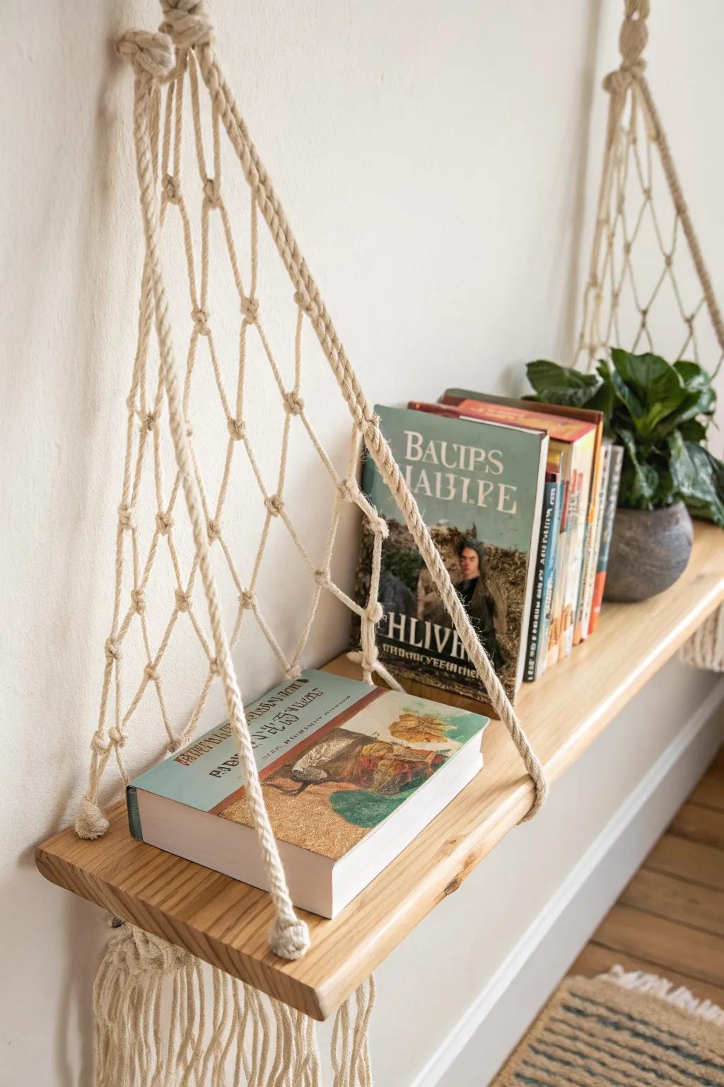 A statement rope-net book sling shelf—minimal, boho, and perfect for a wow reading corner.
