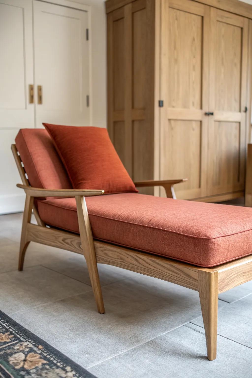 A handcrafted oak chaise lounge transforms a walk-in closet into a calm dressing retreat.